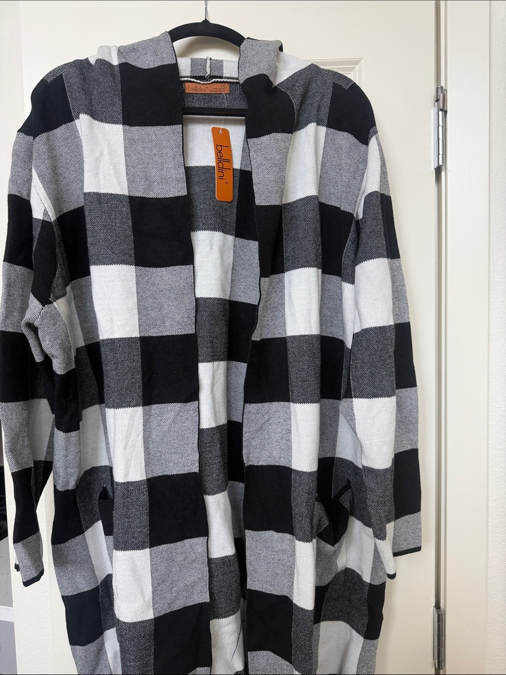 NWT 3X Bellini Black and White Buffalo Check Hooded Open Cardigan